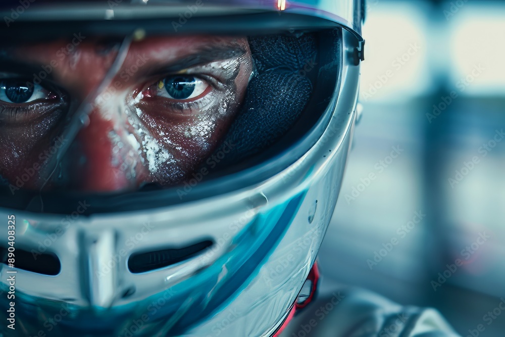 Intense Close-Up of a Racer Wearing a Helmet, Focused Eyes and Sweat on the Face Intense Close-Up of a Racer Wearing a Helmet, Focused Eyes and Sweat on the Face