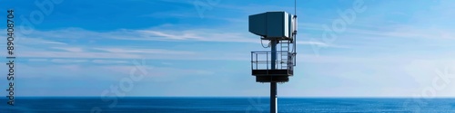 Tsunami Warning System: Solar-Powered Siren on Modern Tower for Effective Disaster Communication. Blue Ocean Alert Mechanism with High-Tech Loudspeaker for Coastal Safety in 4K High-Definition Wallpap photo