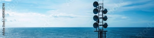 Tsunami Warning System: Solar-Powered Siren on Modern Tower for Effective Disaster Communication. Blue Ocean Alert Mechanism with High-Tech Loudspeaker for Coastal Safety in 4K High-Definition Wallpap photo