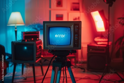 A retro TV displaying an error screen in a modern, colorful setup, merging vintage technology with contemporary style.