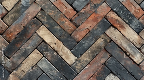 A brick wall with a herringbone pattern. The bricks are old and weathered, with a variety of colors and textures.
