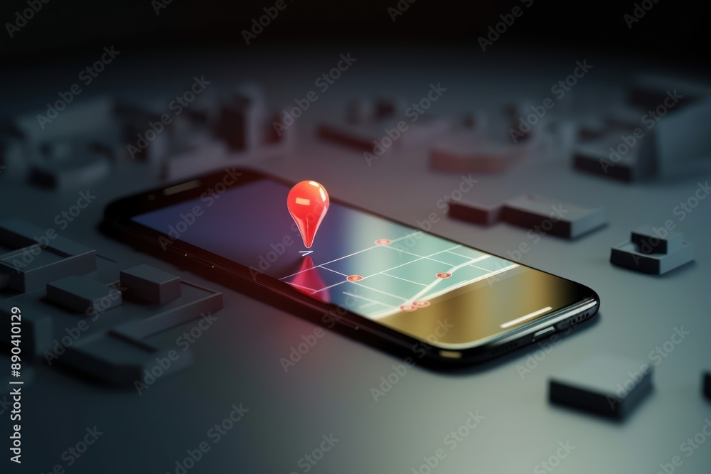3D location map, search bar and pin on mobile phone. Red GPS pointer ...
