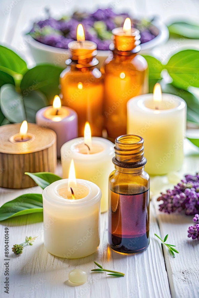 Relaxing spa setup with candles and essential oils.