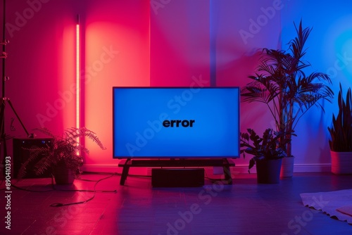 TV displaying an error message in a modern living room with vibrant red and blue lighting, representing technology issues at home