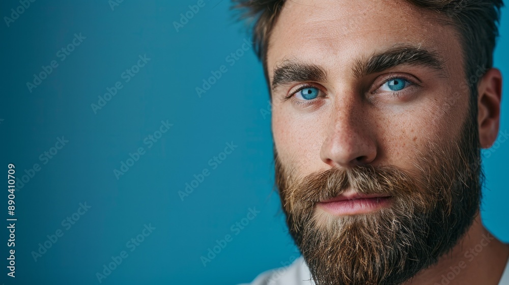 Obraz premium A man with a beard and blue eyes is looking at the camera