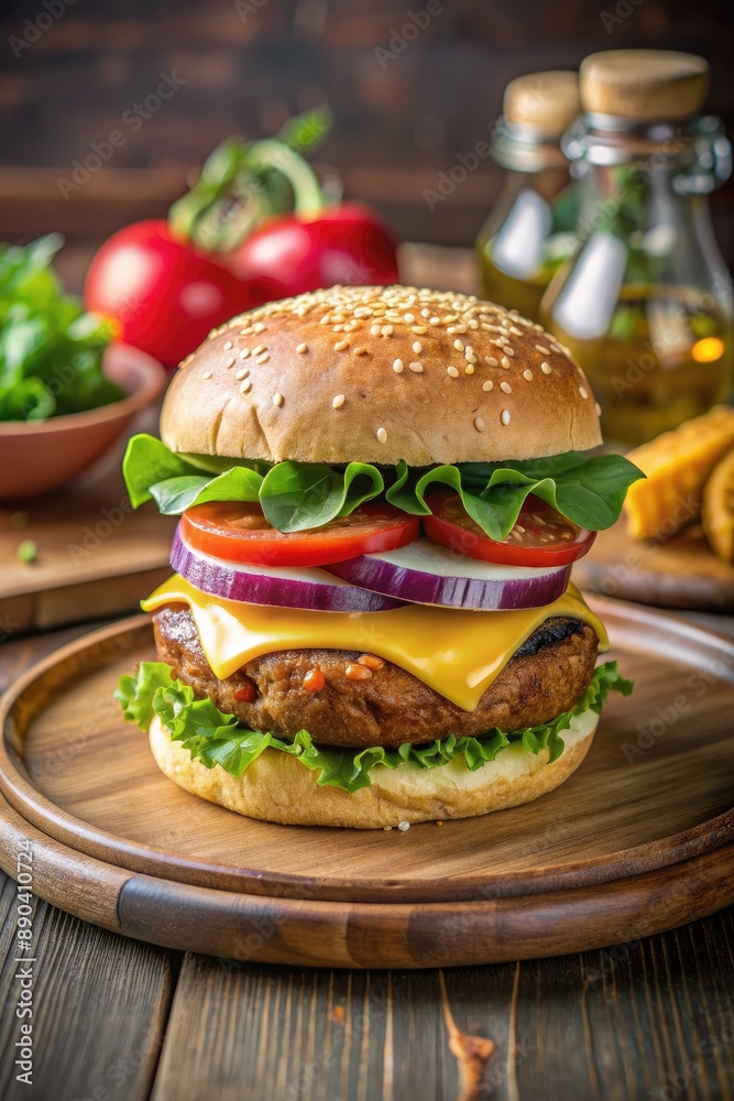 Delicious burger with lettuce and tomato on a plate. Delicious burger with lettuce and tomato on a plate.