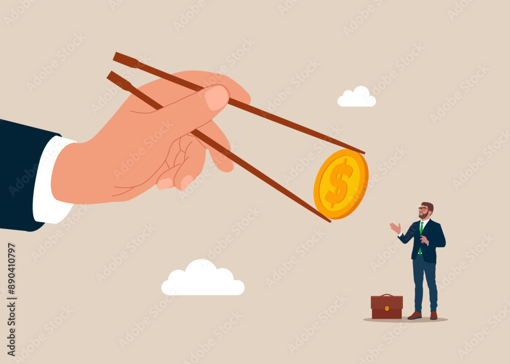 Gamma arm fingers hold chopsticks with dollar coin. Financial and investment growth, increase earning profit, success in wealth management. Flat vector illustration Gamma arm fingers hold chopsticks with dollar coin. Financial and investment growth, increase earning profit, success in wealth management. Flat vector illustration