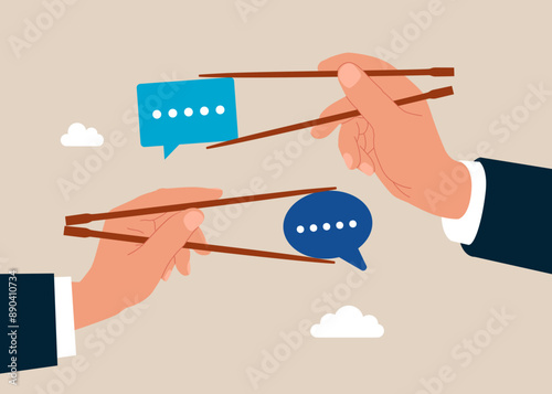 Gamma arms fingers hold chopsticks with dialogue. Flat modern vector illustration.