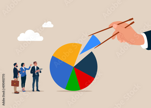 Gamma arm fingers hold chopsticks with center of expense and spending pie chart. Flat vector illustration
