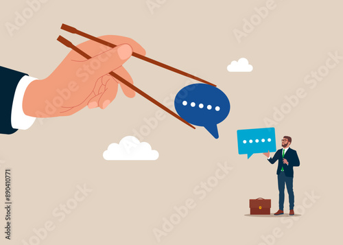 Productive dialogue. Gamma arms fingers hold chopsticks with dialogue. Art corporate communication between coworkers, manager and team. Flat vector illustration
