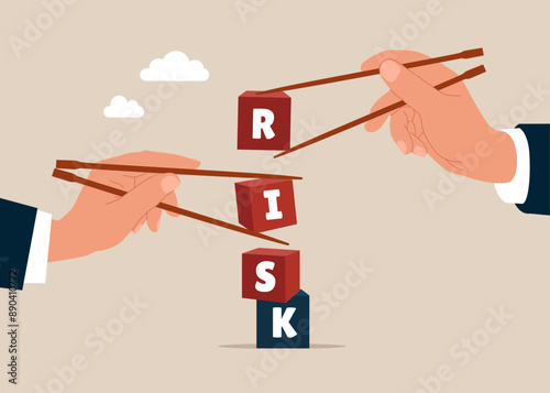 Gamma arms fingers hold chopsticks with cubes on stack with the word RISK. Risk management, control or assess to lose money in investing. Flat vector illustration