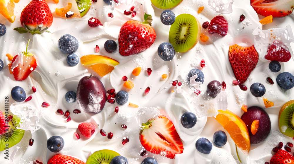 A milky dessert with various fruits, including strawberries, blueberries, kiwis and orange slices. Yogurt with berries and fruits