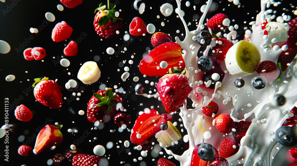 Berry and fruit smoothie with strawberries, bananas, blueberries and raspberries on a black background. The image is a mixture of milk and fruit, and the berries are immersed in milk Berry and fruit smoothie with strawberries, bananas, blueberries and raspberries on a black background. The image is a mixture of milk and fruit, and the berries are immersed in milk