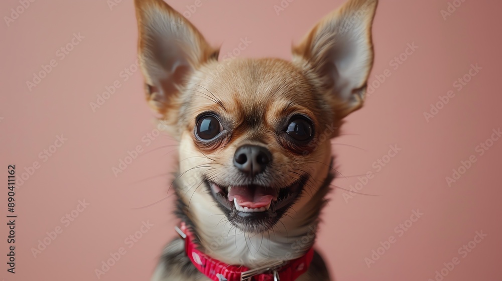 A small Chihuahua middance, looking joyous and playful with a bright red collar against a pink background A small Chihuahua middance, looking joyous and playful with a bright red collar against a pink background