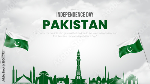 Happy Independence Day Pakistan Post and Greeting Card. Pakistan Independence Day August 14th Banner with Text, clouds and Pakistan flag .Vector Illustration