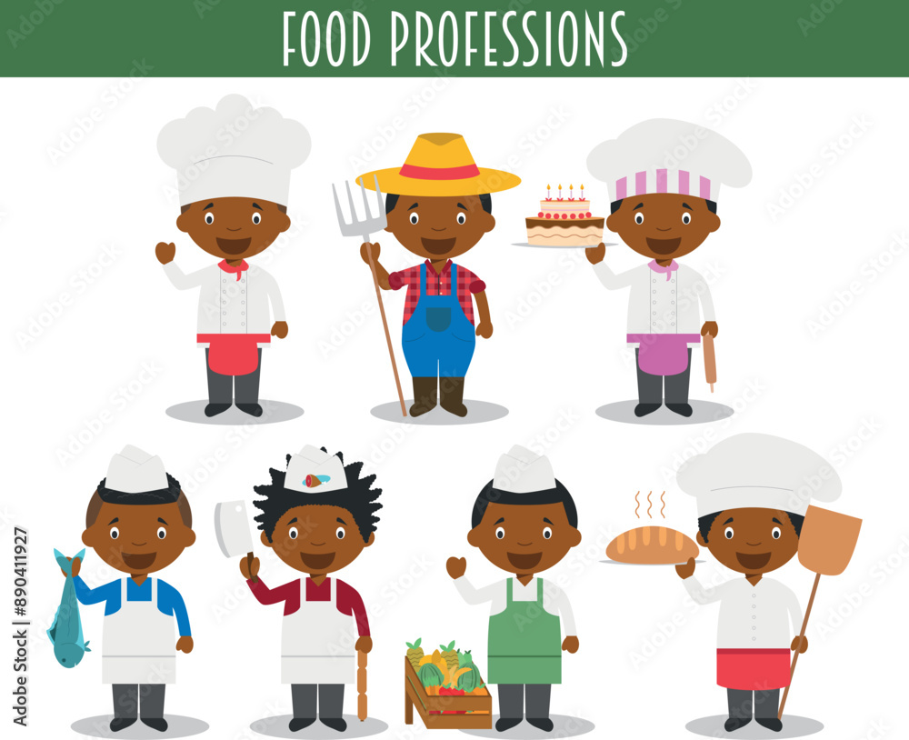 Vector Set of Food Industry Professions in cartoon style. Black or African American characters.