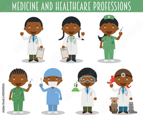 Vector Set of Medicine and Healthcare Professions in cartoon style. Black or African American characters.