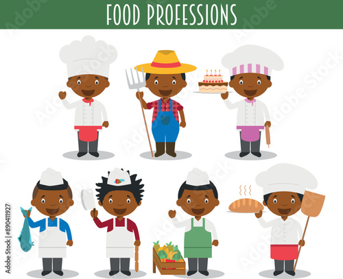 Vector Set of Food Industry Professions in cartoon style. Black or African American characters.