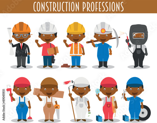 Vector Set of Construction Professions in cartoon style. Black or African American characters.