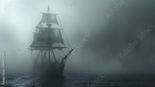 A ghost ship sailing through foggy waters under a dark sky