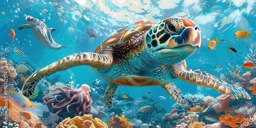 Fototapeta Naklejka Na Ścianę i Meble -  Vibrant underwater scene showcasing a majestic sea turtle swimming among colorful fish, coral reefs, and marine life.