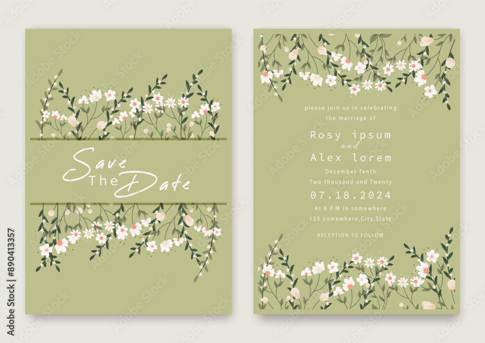 wedding invitation card background vector. Elegant hand drawn flower and line art with elegant garden anemone template Design illustration for wedding and template, banner. wedding invitation card background vector. Elegant hand drawn flower and line art with elegant garden anemone template Design illustration for wedding and template, banner.