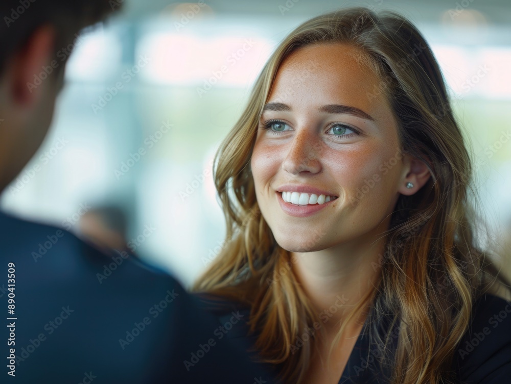 A woman smiles as she converses with a man A woman smiles as she converses with a man