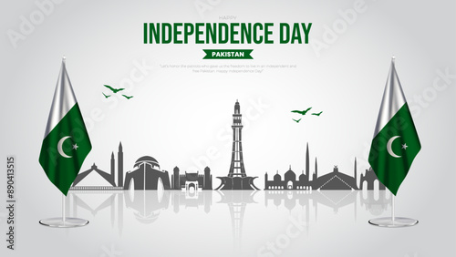 14th August - Happy Independence Day Pakistan Banner and Greeting Card. Pakistan Independence Day Celebration with Text and Pakistan Skyline Vector Illustration