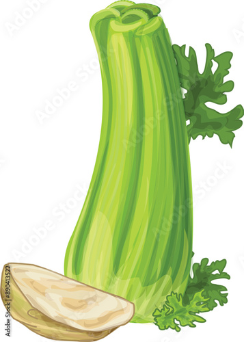 Green celery stalk with slice cut out showing the inside and leaves attached