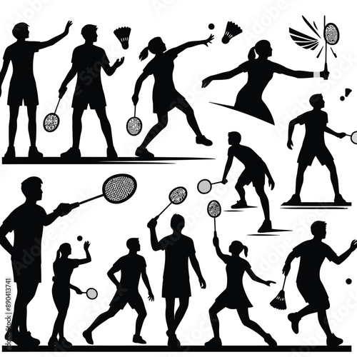 various badminton poses in black and white silhouette