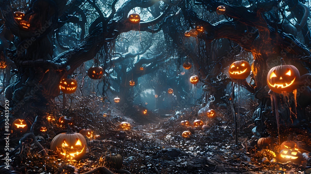 Obraz premium A haunted forest with twisted trees and glowing jack-o'-lanterns hanging from branches