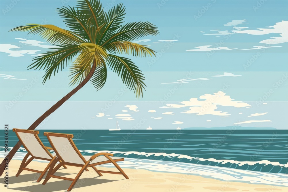 Beach Scene with Two Lounge Chairs and Palm Tree