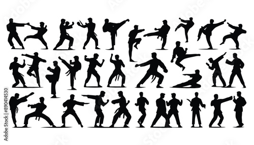various martial art poses in black and white silhouette