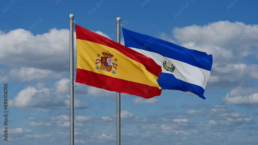 Republic of El Salvador and Spain flags flying together, video concept of the relationship, two country cooperation concept Republic of El Salvador and Spain flags flying together, video concept of the relationship, two country cooperation concept