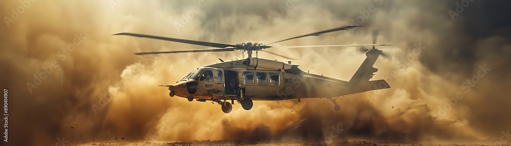 Military helicopter in action, kicking up dust, lowangle shot Military helicopter in action, kicking up dust, lowangle shot