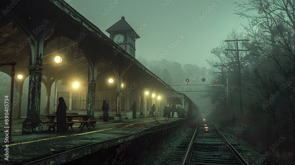 Fototapeta premium A haunted train station with ghostly figures waiting for a train
