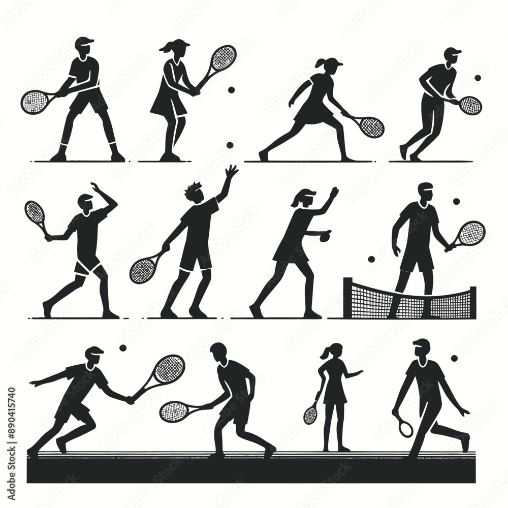 Fototapeta premium people playing tennis in black and white silhouette collection set