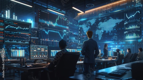 Dynamic Cryptocurrency Trading Team Analyzing Market Trends in High-Tech Office Environment