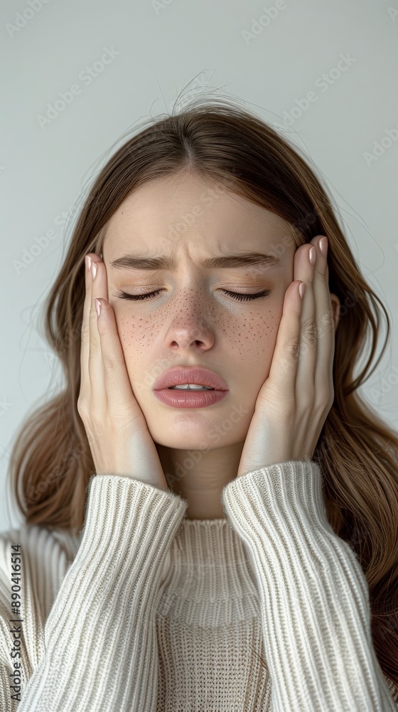 portrait of a woman with migrane, holding her head in pain portrait of a woman with migrane, holding her head in pain