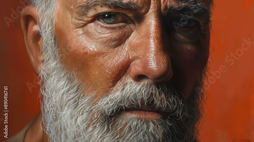 Portrait of an old man with a long white beard and blue eyes. The man is looking at the viewer with a serious expression.
