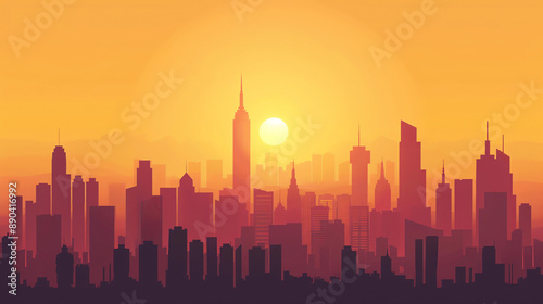 A beautiful cityscape with a warm sunset and a clear blue sky. © Creative