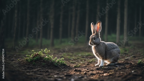 The rabbit sitting in the forest, calm forest atmosphere