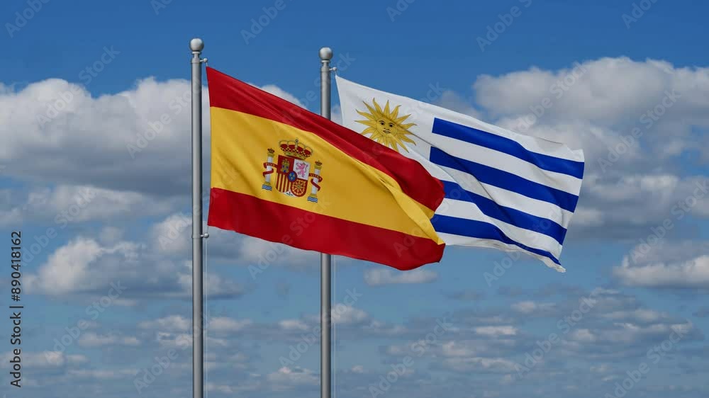 Uruguay and Spain flags flying together, video concept of the relationship, two country relations concept