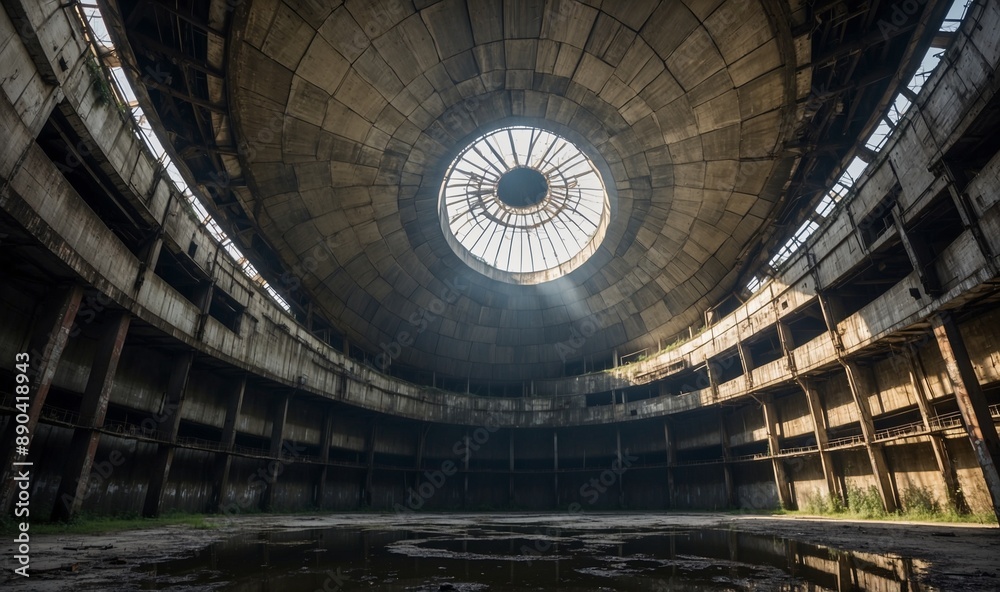 Obraz premium Circular abandoned rotunda with sunlight entering.