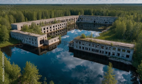 Derelict buildings surrounded by a large water basin. photo