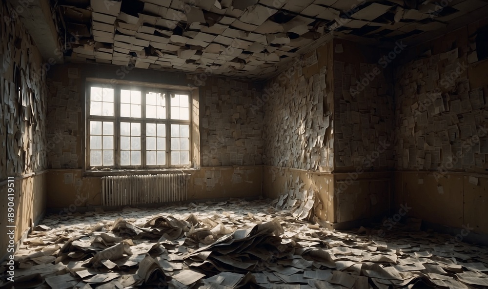 Room with fallen ceiling tiles and scattered papers. Room with fallen ceiling tiles and scattered papers.