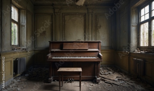 Old, abandoned room with vintage piano and broken floor.