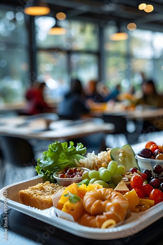 Beautifully arranged lunch box The background is a blurred university cafeteria. Gives a feeling of care and attention to detail. It can be used to promote catering services or recommend food menus.