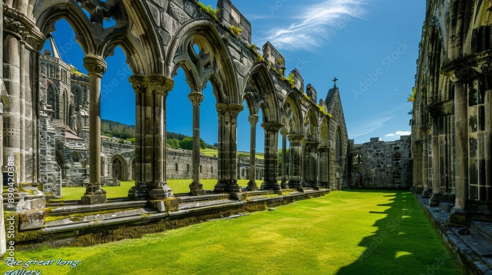 Fototapeta premium A large, grassy field with a stone building in the background