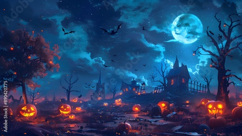 A spooky pumpkin patch with glowing jack-o'-lanterns and a full moon